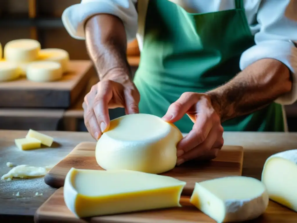 Un maestro quesero italiano experto creando sfoglia de mozzarella fresca en una cocina tradicional, fusionando autenticidad y tradición