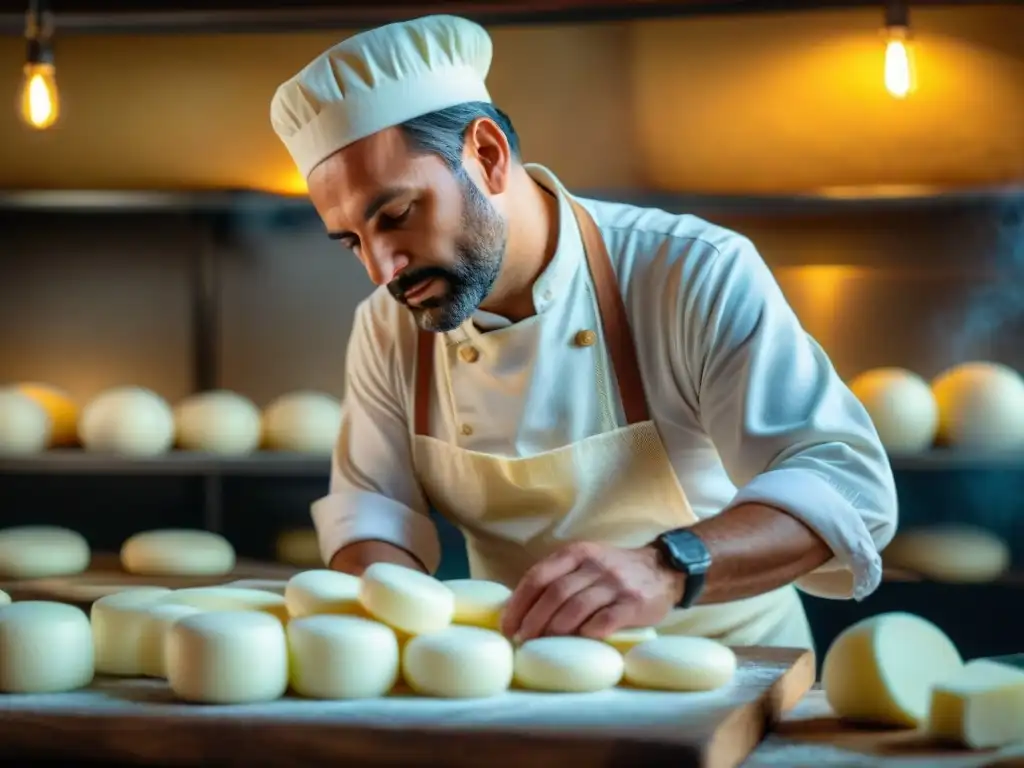 Un maestro quesero italiano experto moldeando sfoglia de mozzarella en una cocina tradicional, evocando la artesanía culinaria