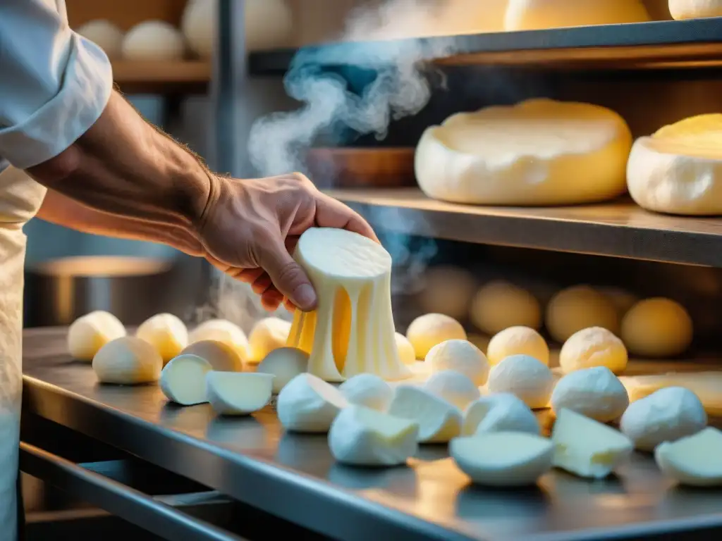 Un maestro quesero italiano experto moldeando mozzarella fresca con vapor, en un taller tradicional