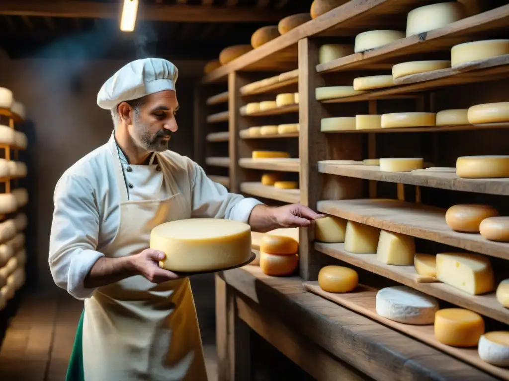 Un maestro quesero italiano experto en la elaboración tradicional de un queso Parmigiano Reggiano en una bodega rústica llena de quesos madurando