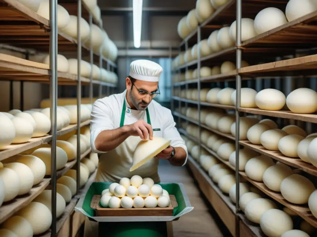 Un maestro quesero italiano experto en estirar la mozzarella en una fábrica tradicional, rodeado de herramientas rústicas y quesos envejecidos