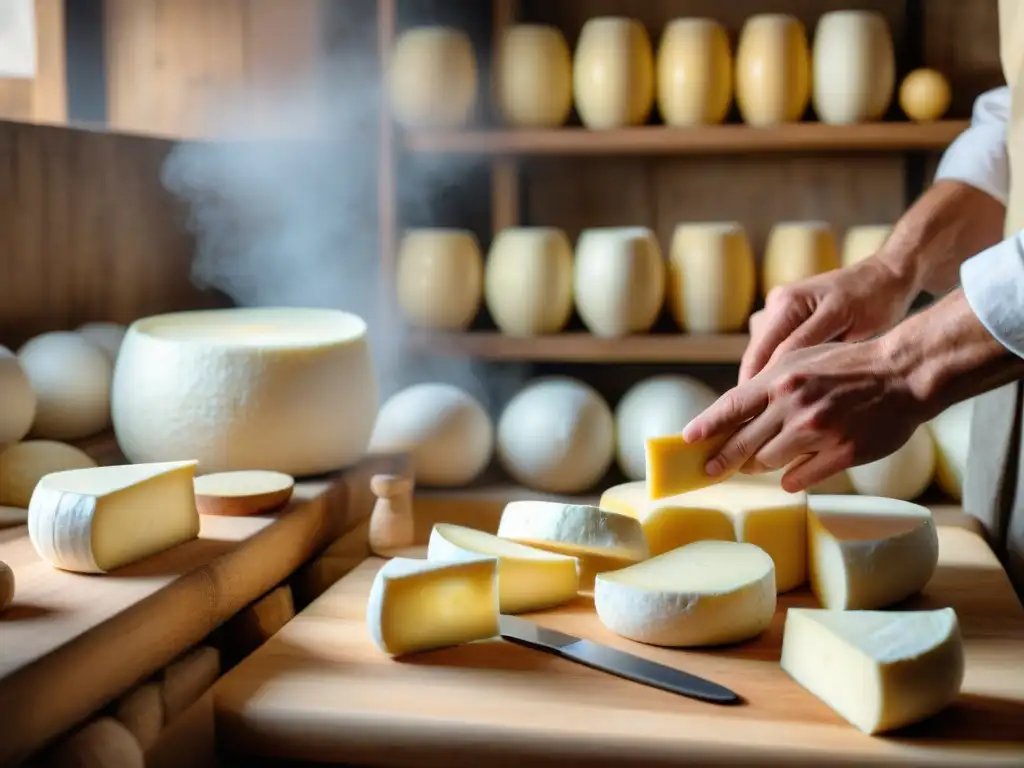 Un maestro quesero italiano estira mozzarella fresca a mano, en una granja tradicional