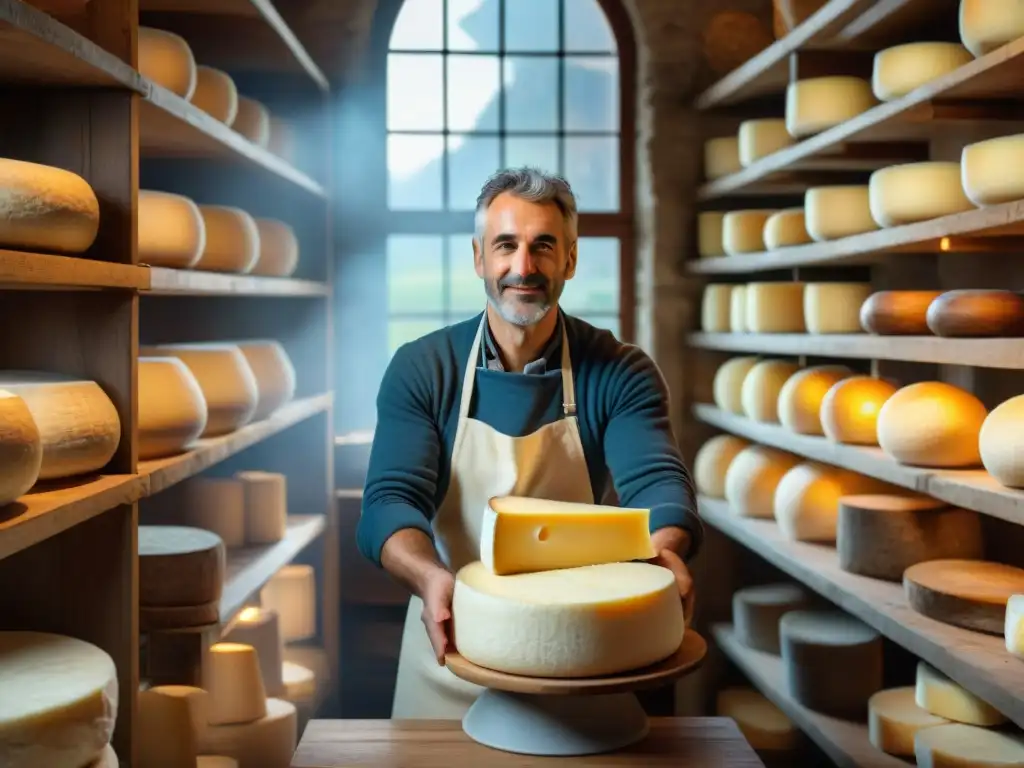 Un maestro quesero italiano en Lombardía elaborando quesos italianos menos conocidos en una granja rústica