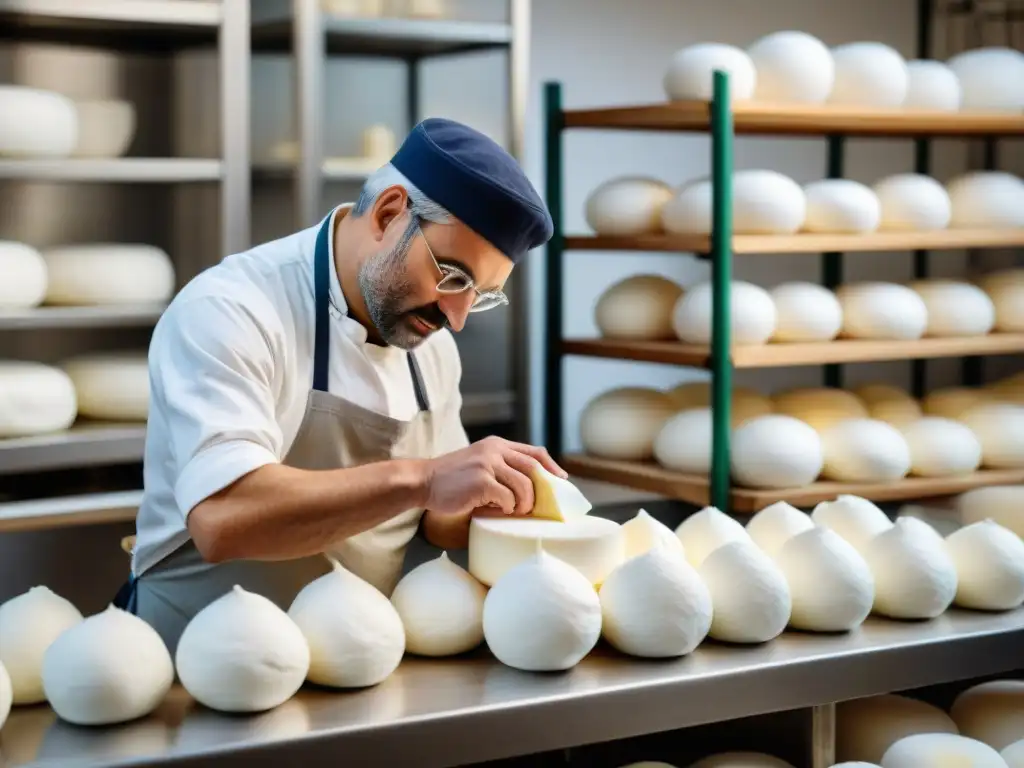 Un maestro quesero italiano elaborando a mano burrata en taller tradicional