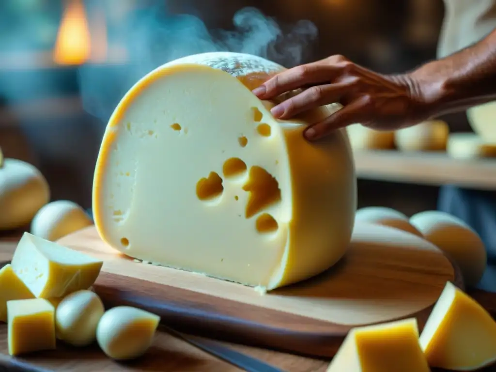 Un maestro quesero italiano moldea a mano con cuidado una rueda grande de queso Caciocavallo, resaltando la tradición del queso italiano