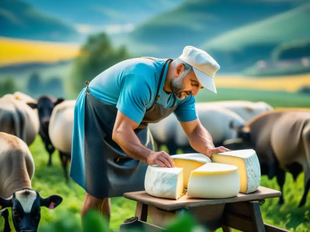 Un maestro quesero italiano elaborando Mozzarella di Bufala a mano, rodeado de búfalos en un idílico campo