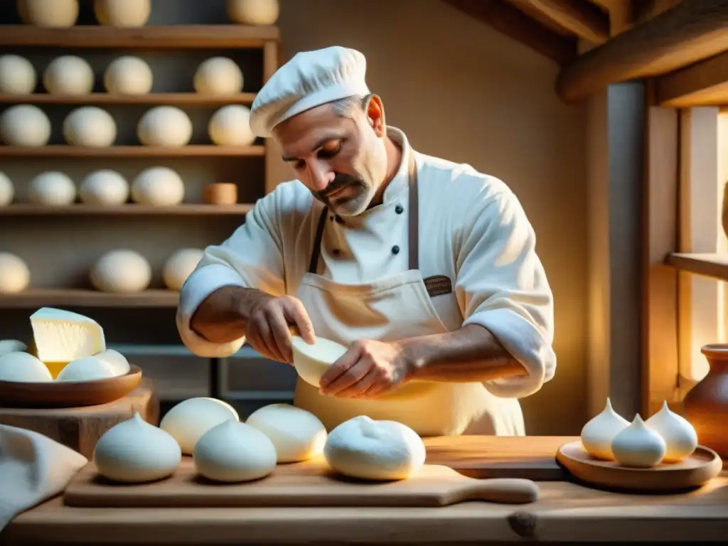 Un maestro quesero italiano moldea a mano una cremosa burrata en una granja tradicional