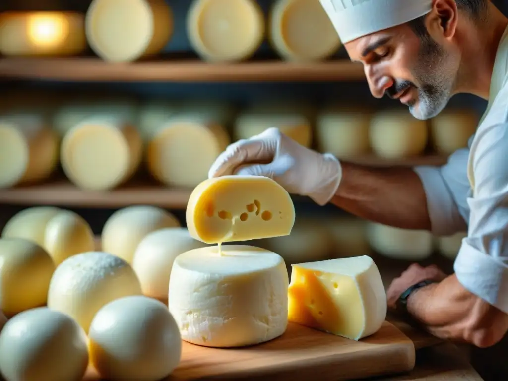 Un maestro quesero italiano moldea mozzarella fresca a mano, con destellos de queso brillando al sol en un taller tradicional italiano