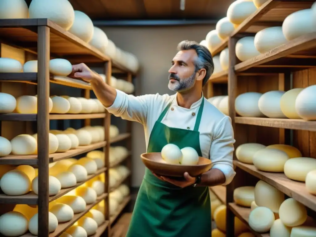 Un maestro quesero italiano estira la mozzarella fresca a mano en una tradicional cocina, destacando la historia y la artesanía de la cocina italiana