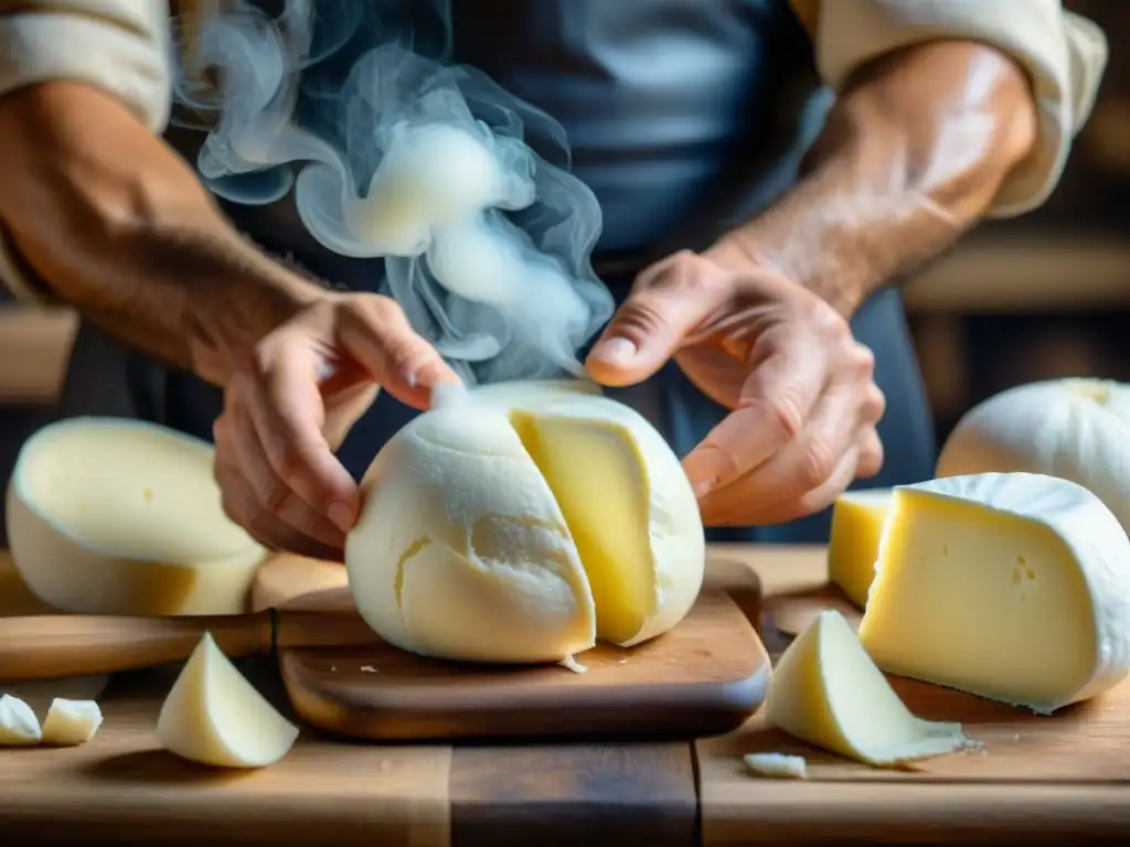 Un maestro quesero italiano moldea la mozzarella con humo de leña