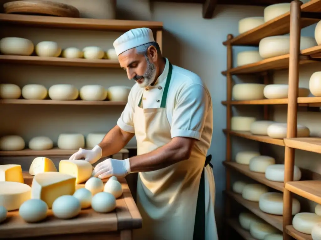 Un maestro quesero italiano moldea mozzarella fresca a mano en un taller rústico lleno de herramientas tradicionales