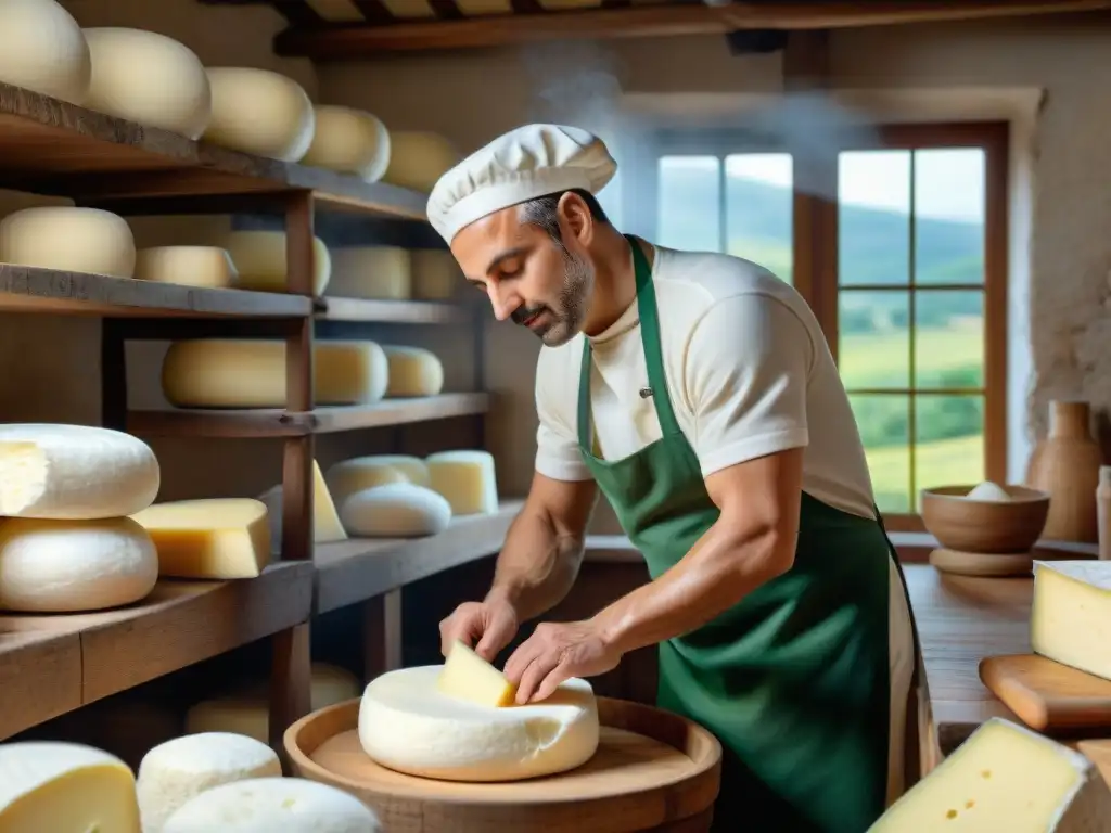 El maestro quesero italiano elabora mozzarella artesanal en un entorno campestre, rodeado de quesos y hierbas frescas