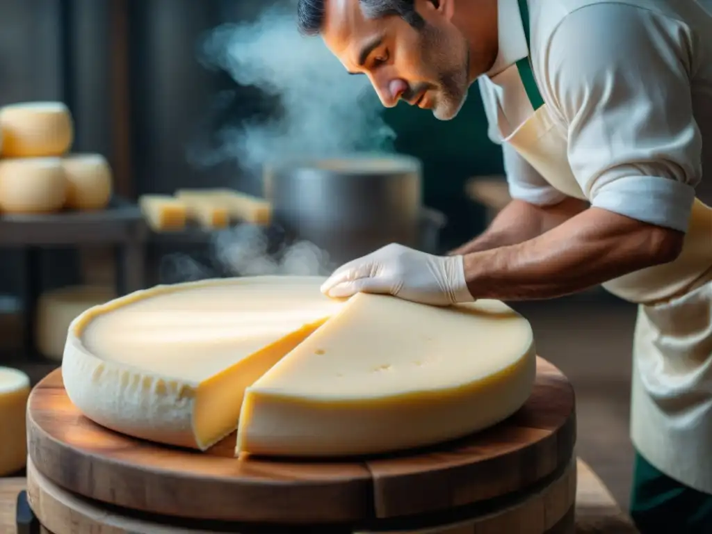 Un maestro quesero italiano moldea un Parmigiano Reggiano en una quesería tradicional en Emilia-Romaña, Italia