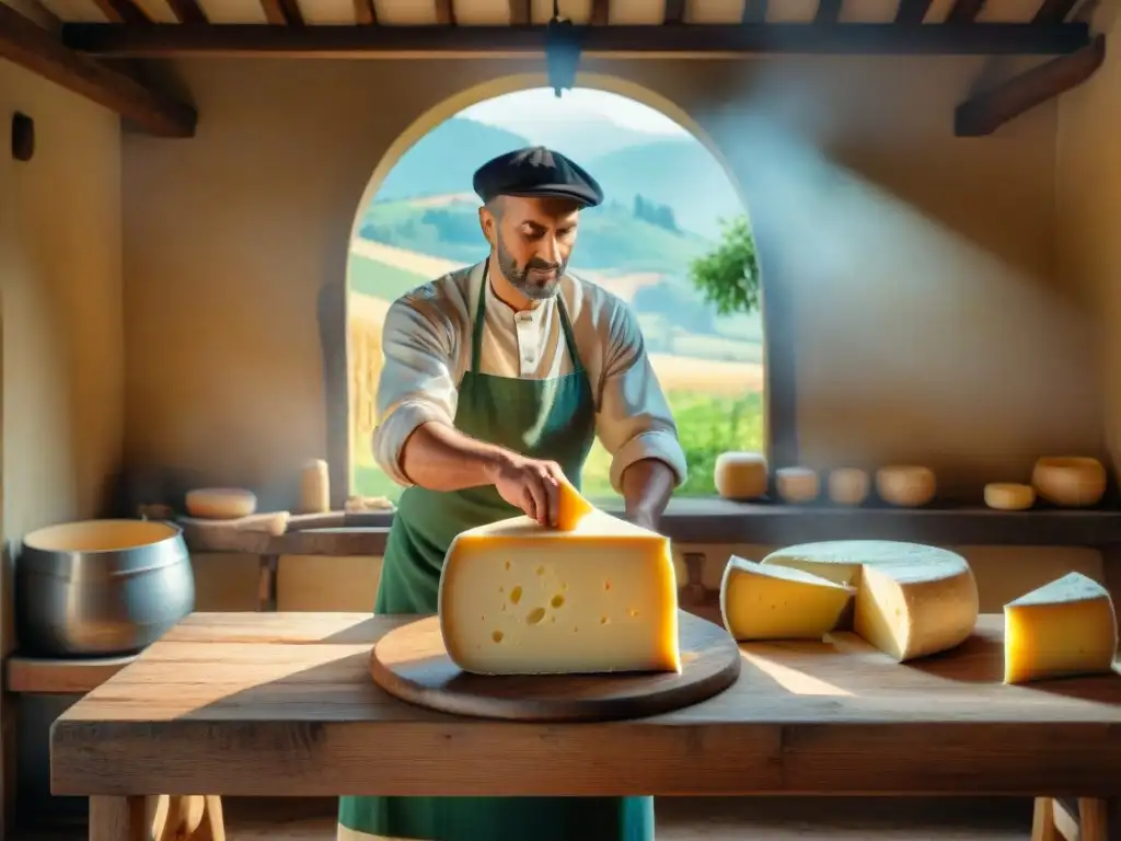 Un maestro quesero italiano elaborando Parmigiano Reggiano en un escenario campestre pintoresco