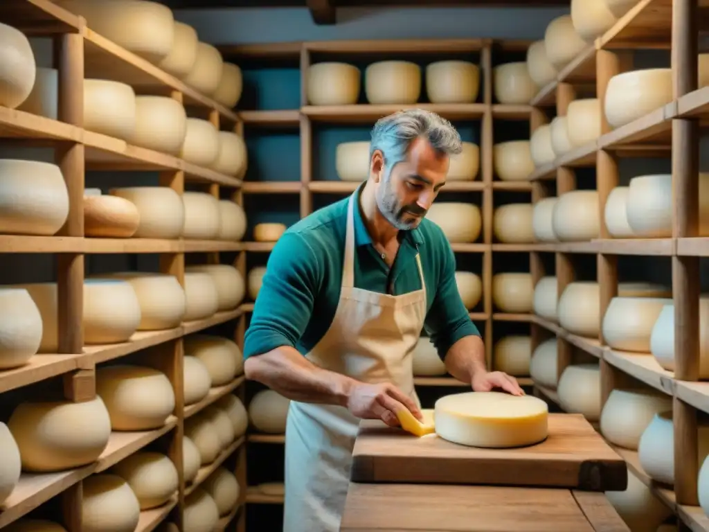 Un maestro quesero italiano elaborando Parmigiano Reggiano en bodega rústica, rodeado de quesos envejecidos