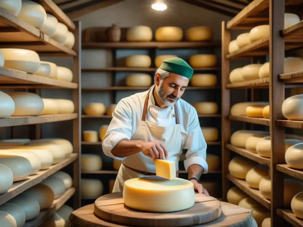 Un maestro quesero italiano elaborando un Parmigiano Reggiano en una fábrica rústica, resaltando la tradición de los quesos italianos DOP de calidad