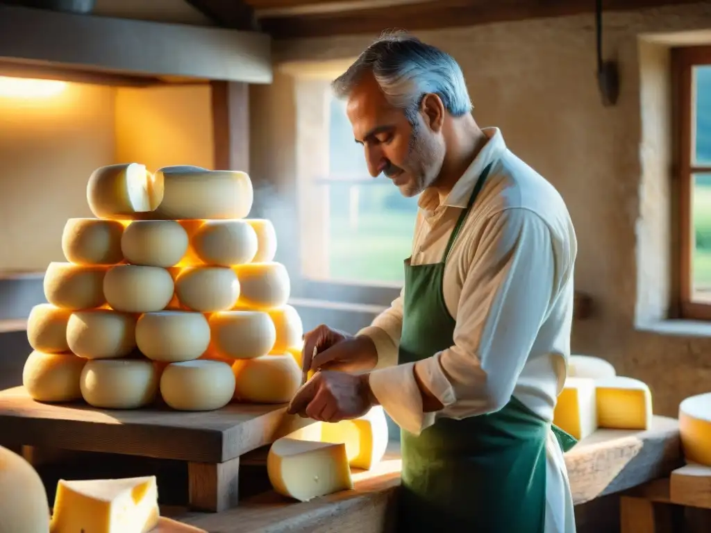 Maestro quesero italiano elaborando Parmigiano Reggiano en el campo