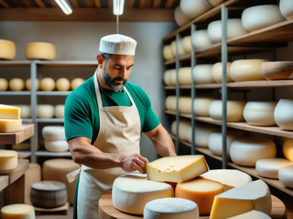 Un maestro quesero italiano elaborando un ParmigianoReggiano en una escena rústica