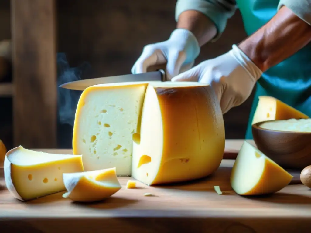 Un maestro quesero italiano cortando con precisión una rueda de Caciocavallo, resaltando la tradición y cuidado en la conservación del queso