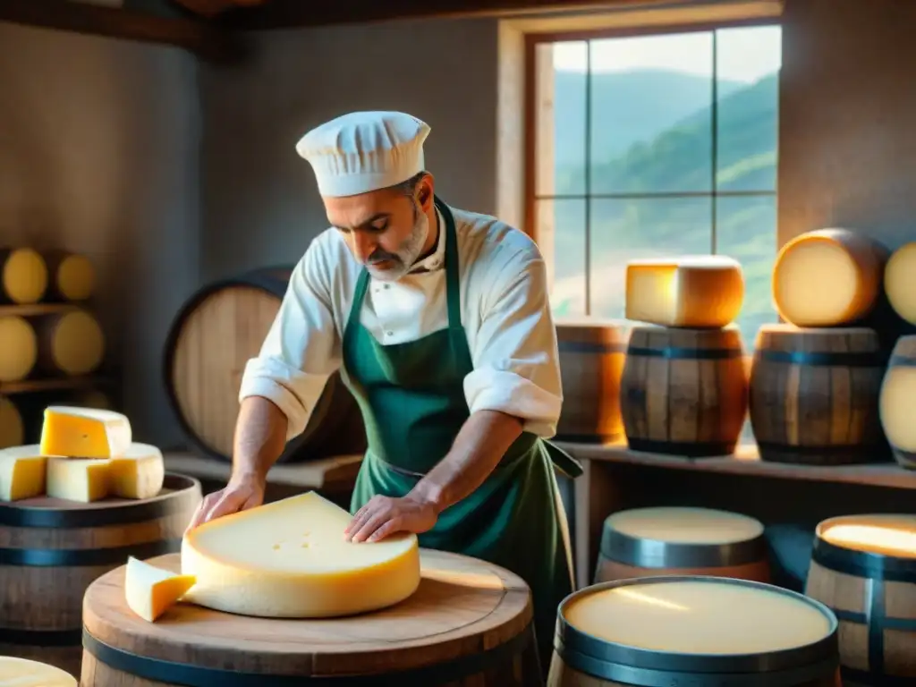 Un maestro quesero italiano elaborando un queso Pecorino a mano, rodeado de barriles y herramientas rústicas