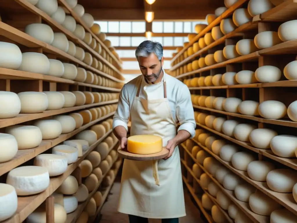 Un maestro quesero italiano elaborando un queso Parmigiano Reggiano en bodega de maduración