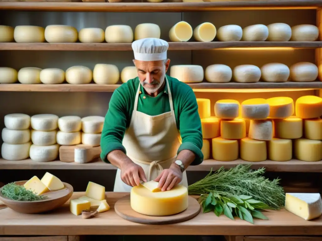 Un maestro quesero italiano elaborando un queso pecorino en la campiña toscana