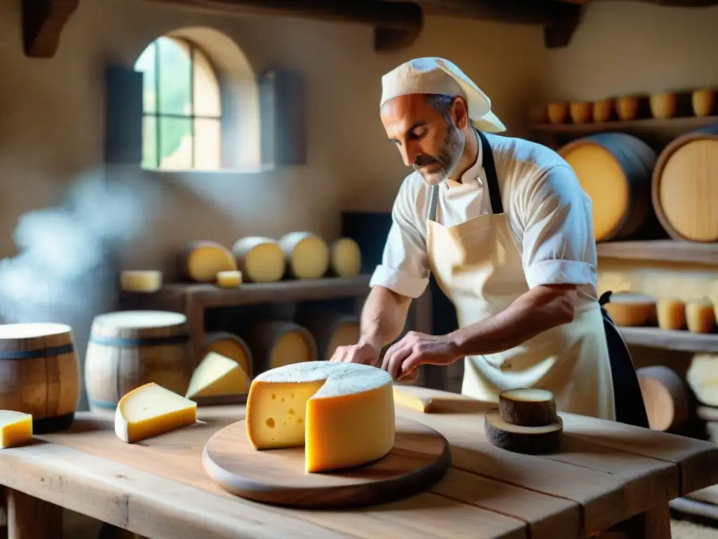 Un maestro quesero italiano moldea un queso artesanal en un entorno campestre, evocando la tradición de los Quesos DOP e IGP Italia