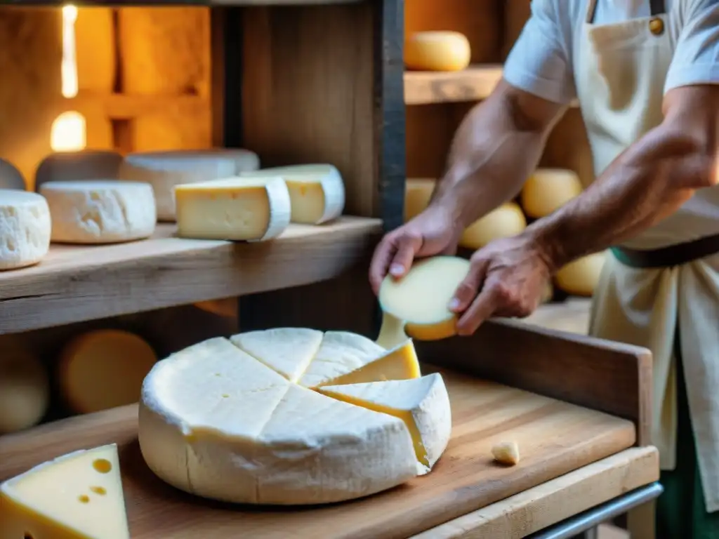 Un maestro quesero italiano elaborando un queso Pecorino Romano en una granja rústica, evocando la tradición culinaria romana