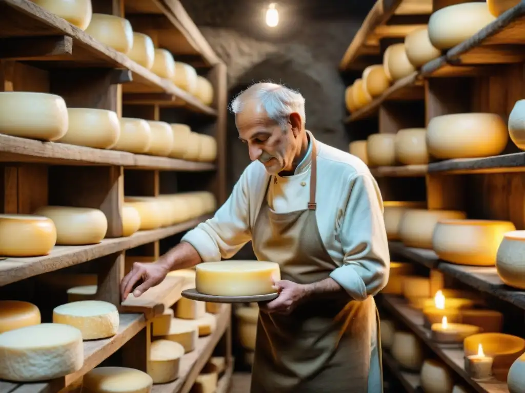 Maestro quesero italiano elaborando queso Parmigiano Reggiano en bodega rústica iluminada por velas