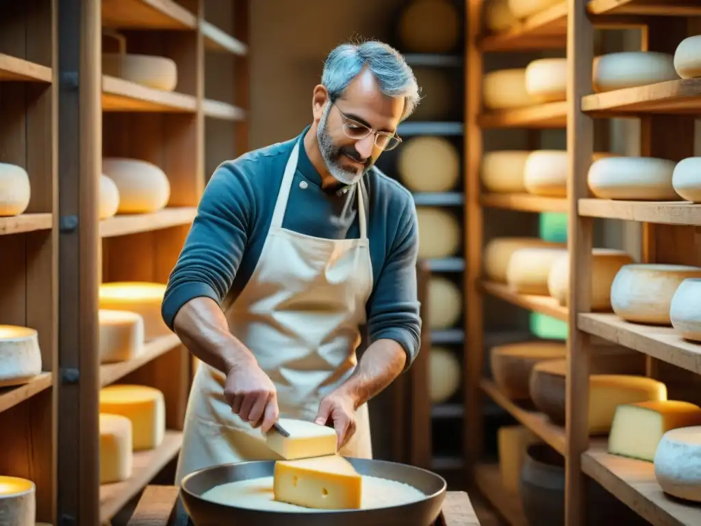 Un maestro quesero italiano creando queso sin lactosa en una tradicional fábrica de quesos