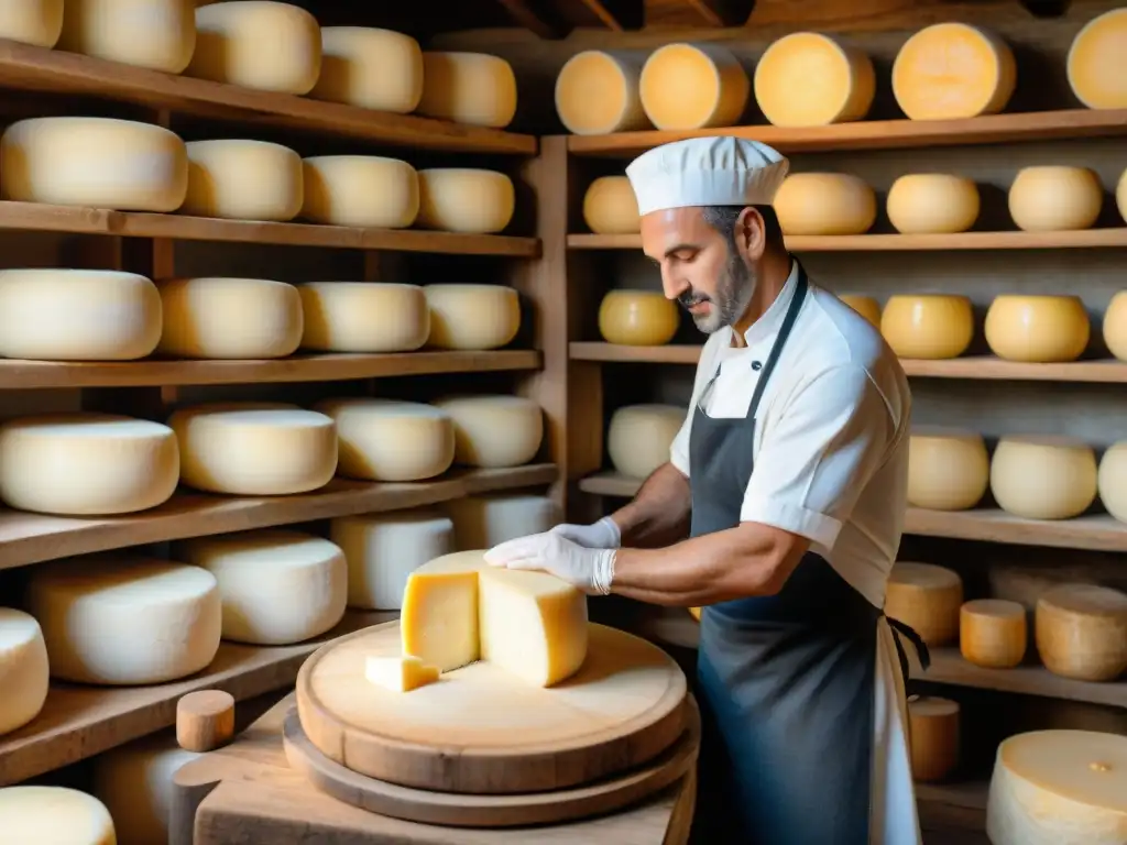 Un maestro quesero italiano elaborando queso Parmigiano Reggiano en una bodega rústica, iluminada por el sol