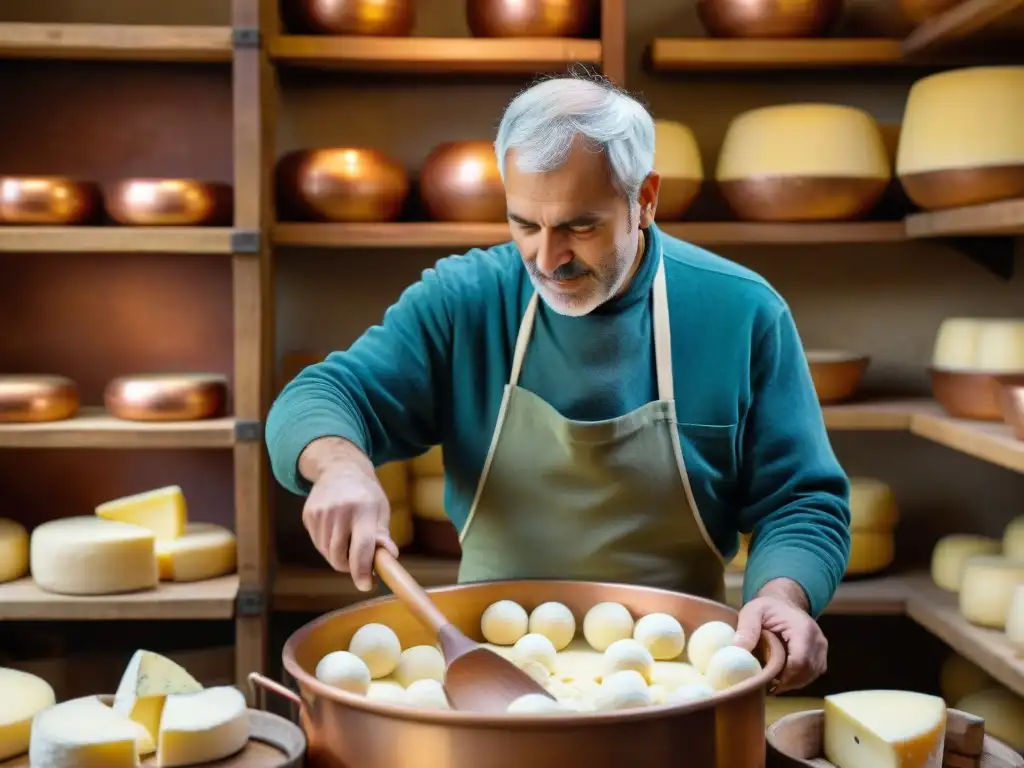 Maestro quesero italiano elaborando queso Stracchino en cocina tradicional