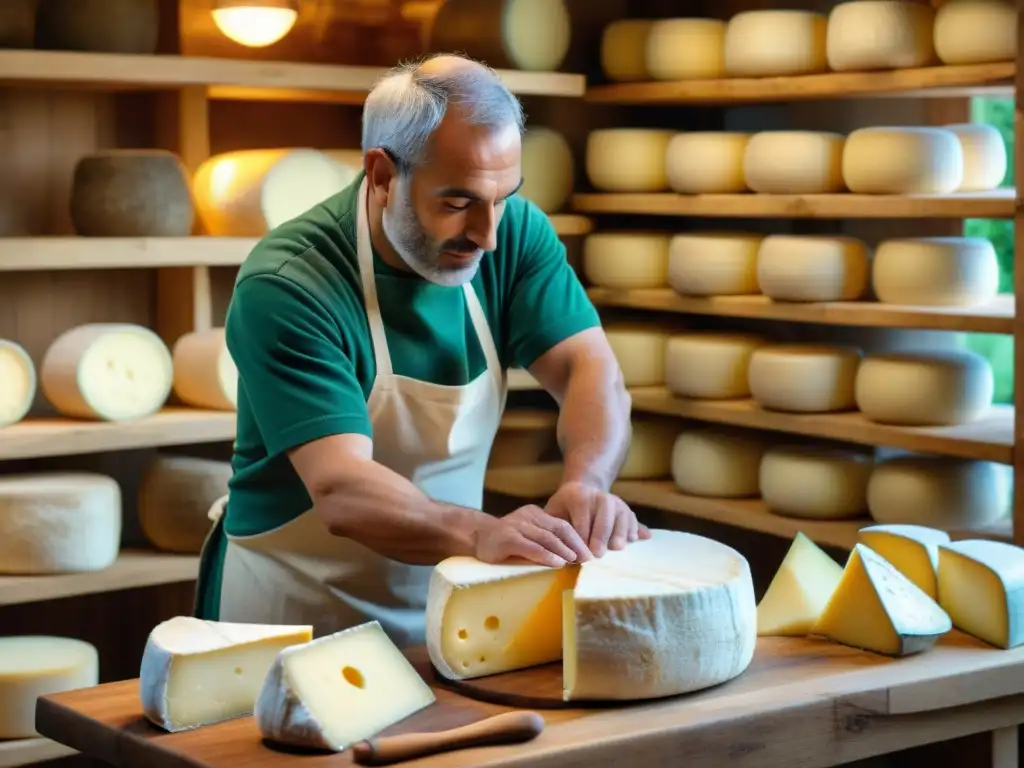 Un maestro quesero italiano crea un queso Pecorino con destreza, rodeado de quesos envejecidos