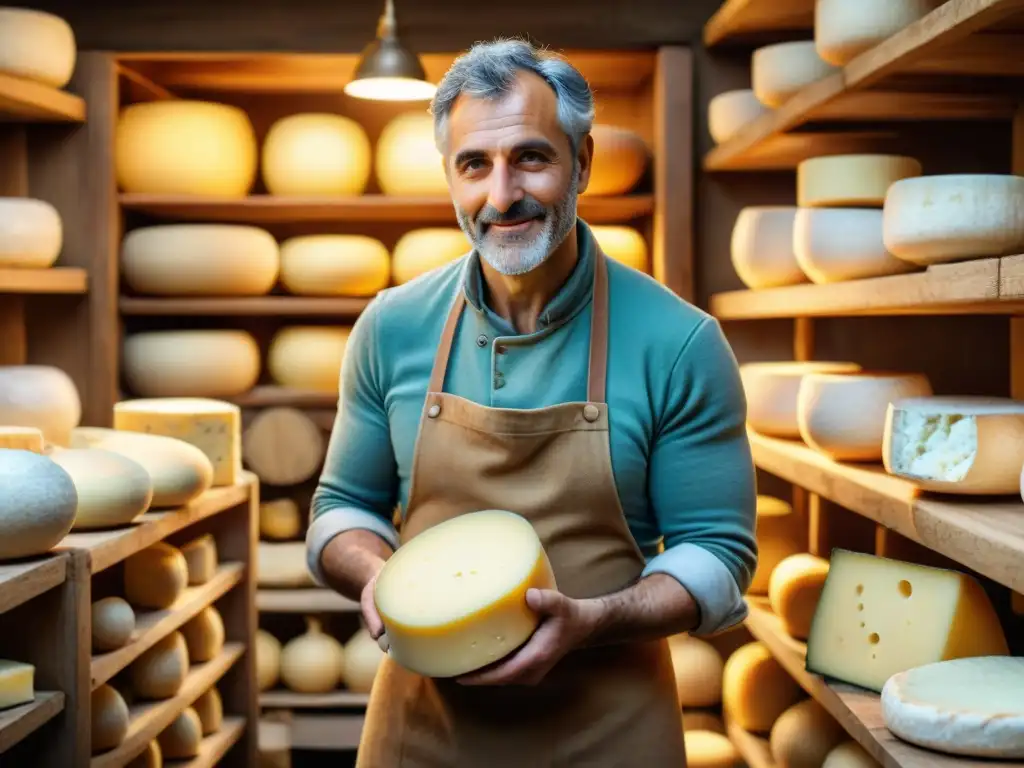 Un maestro quesero italiano moldea un queso envejecido rodeado de variedad de quesos en un escenario rústico y tradicional