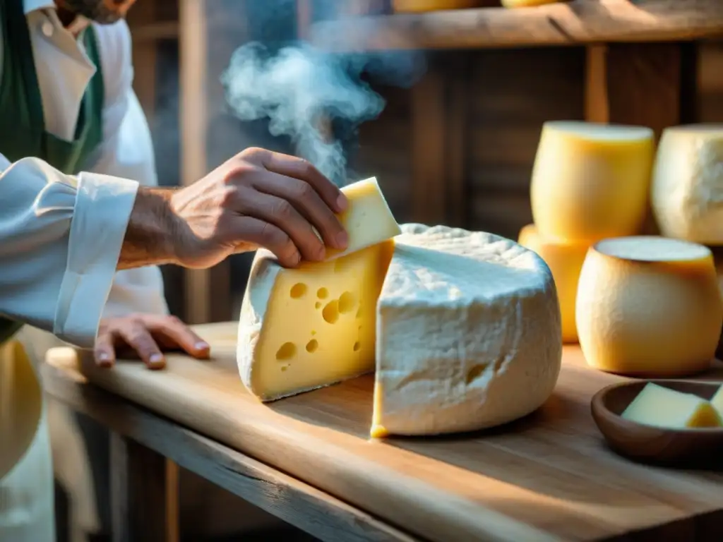 Un maestro quesero italiano elaborando un queso Montasio en un alpino lácteo, reflejando tradición y arte culinario en los Alpes Julianos