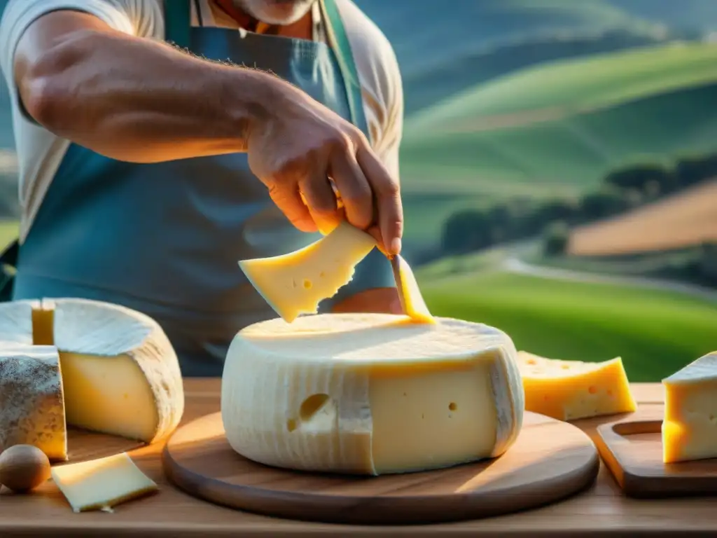 Un maestro quesero italiano elabora un queso Pecorino Sardo tradicional en la campiña sarda, rodeado de ovejas y herramientas rústicas