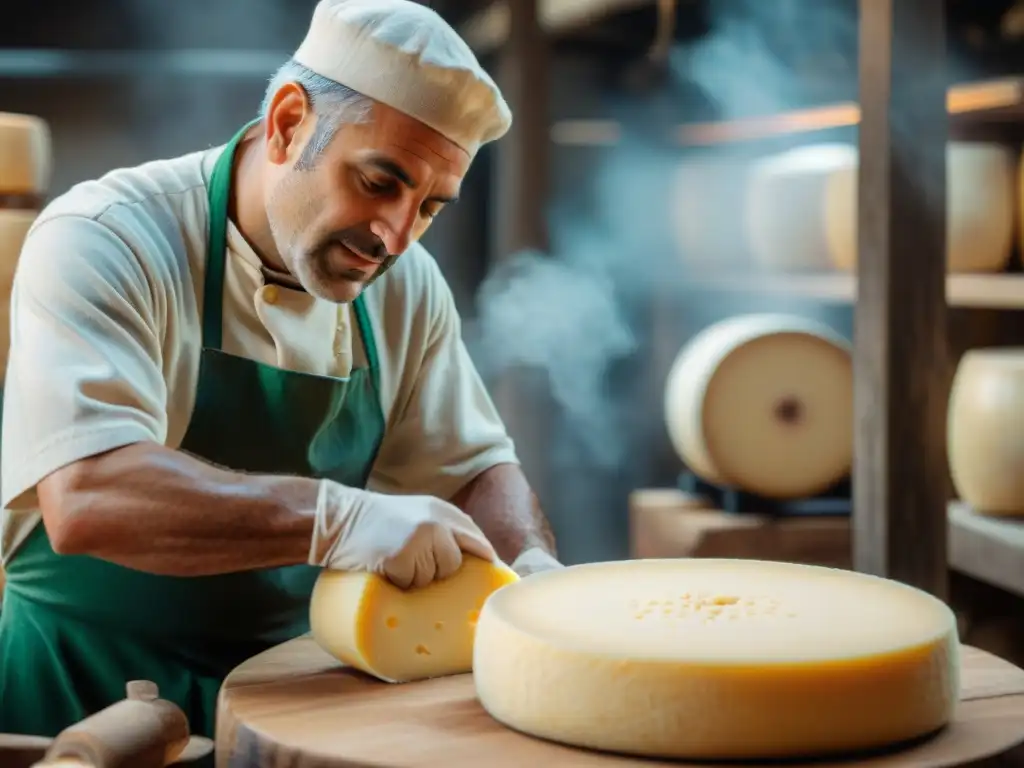 Un maestro quesero italiano elaborando queso Parmigiano Reggiano, reflejando tradición y pasión