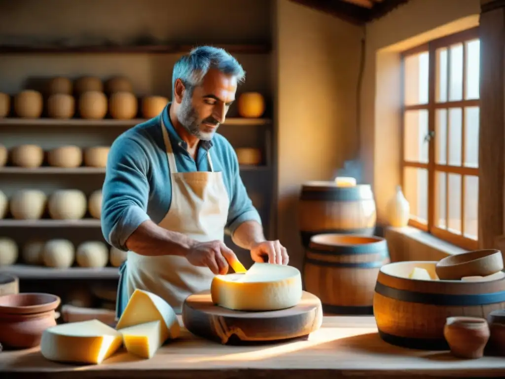 Un maestro quesero italiano elaborando un queso pecorino en una cocina rústica, rodeado de herramientas tradicionales de fermentación