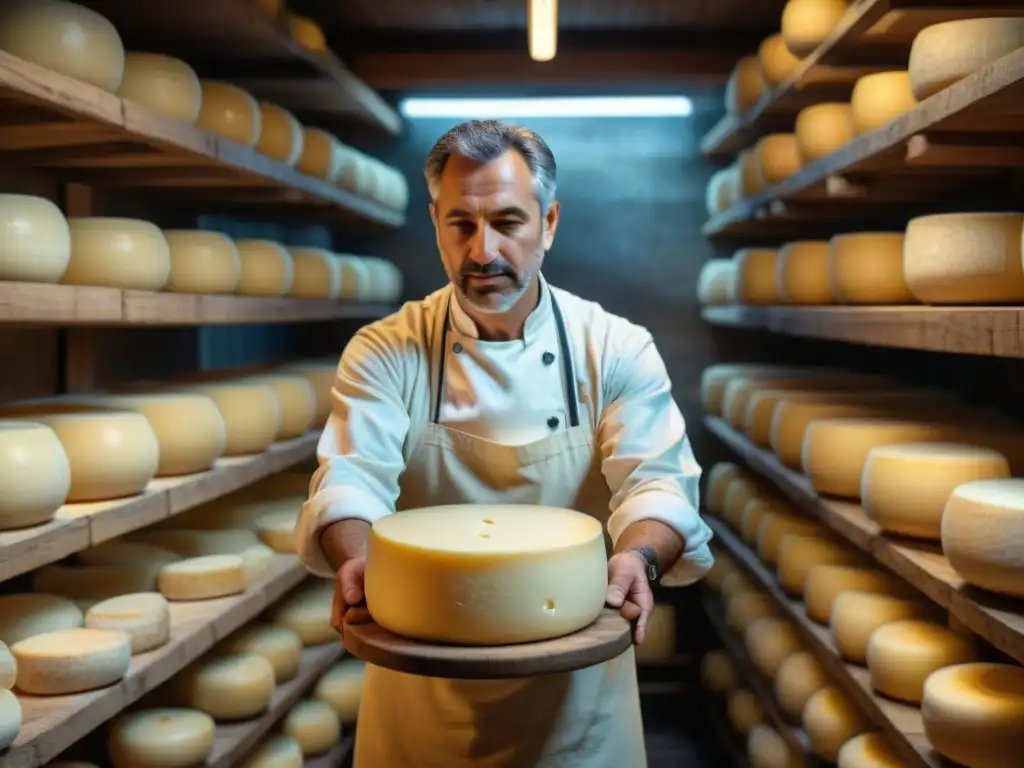 Un maestro quesero italiano moldea un queso Parmigiano Reggiano en una bodega rústica