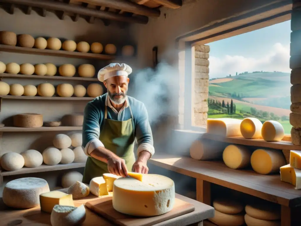 Un maestro quesero italiano elaborando queso vegano en una cocina rústica en Toscana