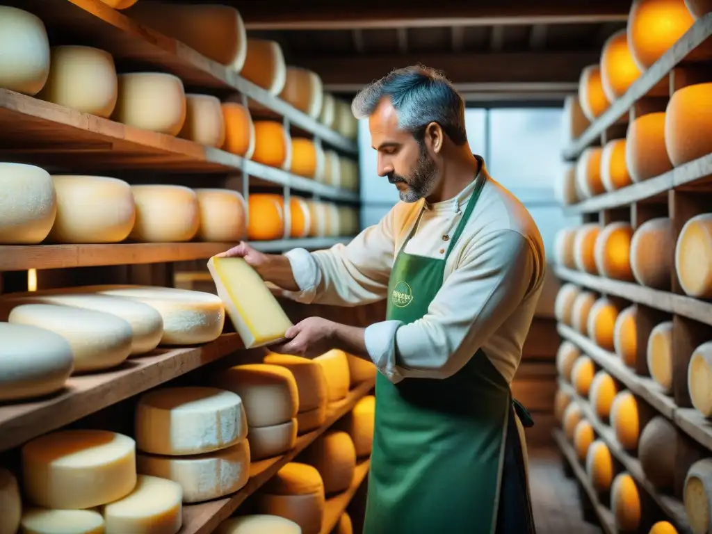 Artesano del queso: tradición italiana en una bodega rústica Un maestro quesero italiano elaborando queso Parmigiano Reggiano en bodega rústica