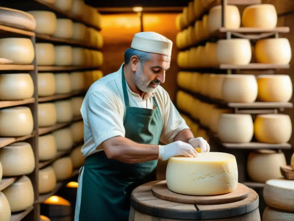 Maestro quesero italiano elaborando queso Parmigiano Reggiano en bodega antigua, mostrando las últimas tendencias quesos italianos