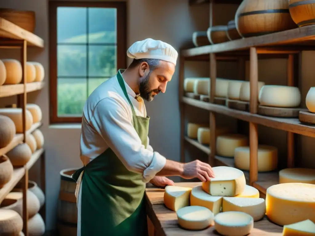 Un maestro quesero italiano elabora un queso pecorino en un taller tradicional