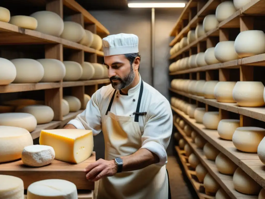 Un maestro quesero italiano elaborando queso Parmigiano Reggiano en bodega tradicional