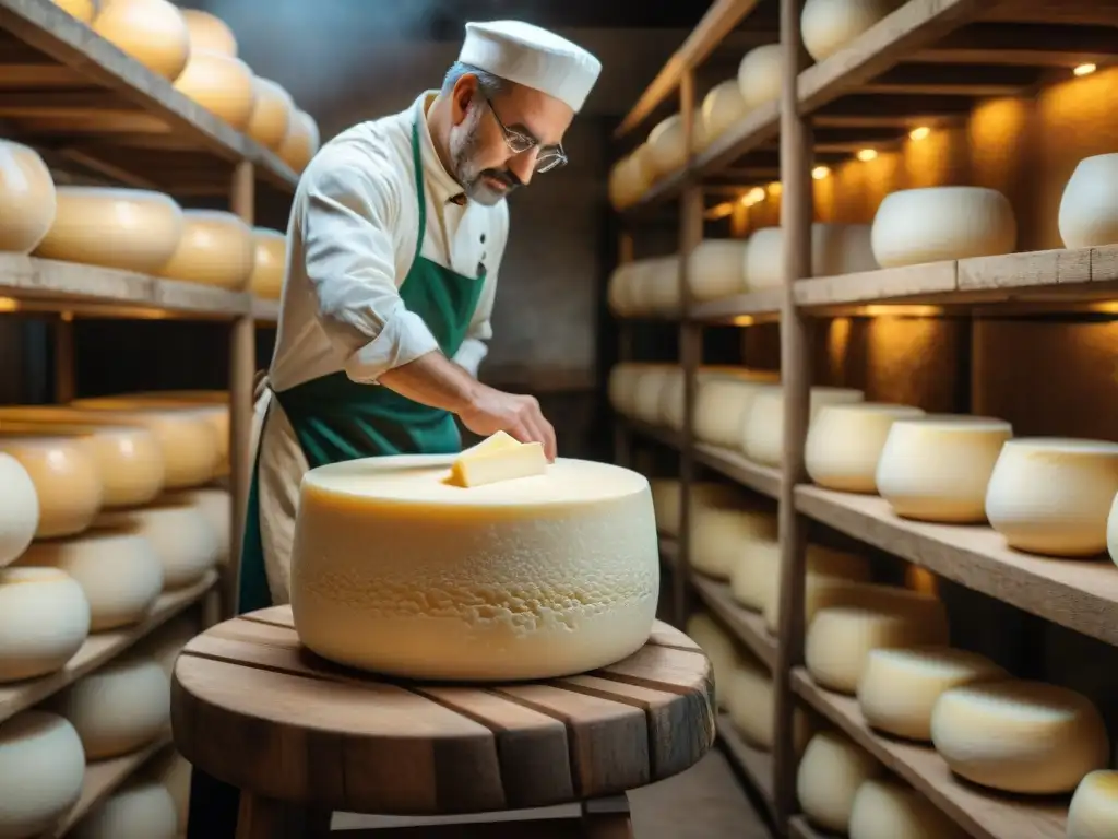 Un maestro quesero italiano elaborando queso Parmigiano Reggiano en una granja tradicional, evocando tradición y calidad