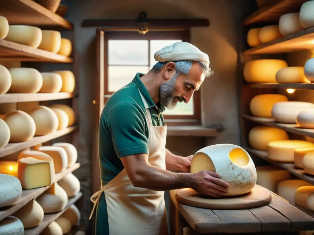 Un maestro quesero italiano elaborando un queso Pecorino a mano en un entorno rústico y tradicional