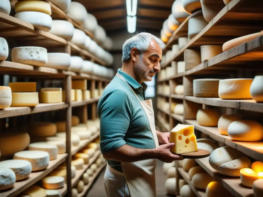 Un maestro quesero italiano inspecciona quesos raros en bodega