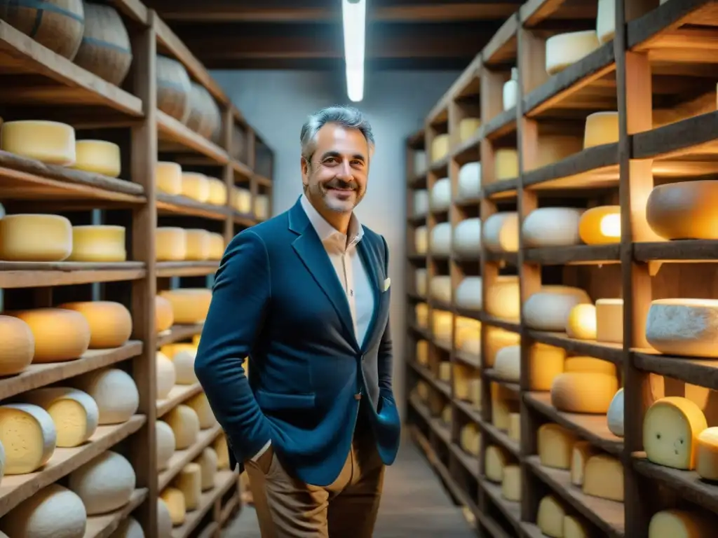 Un maestro quesero italiano inspecciona quesos raros en una bodega