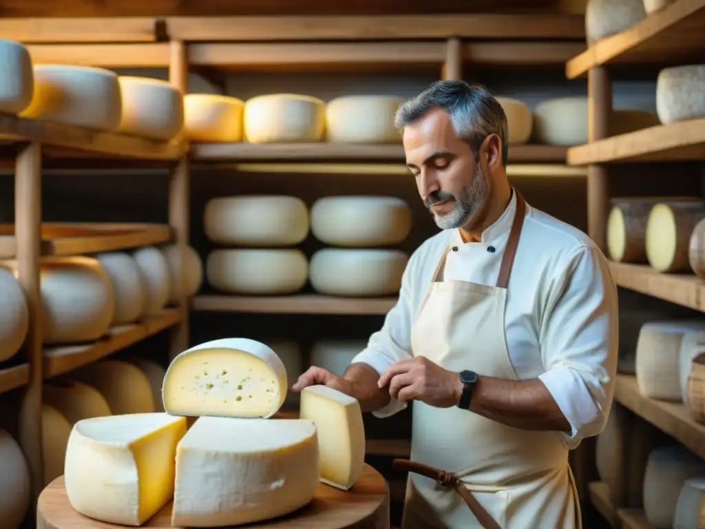 Un maestro quesero italiano elaborando quesos italianos sin lactosa en una fábrica tradicional de Toscana