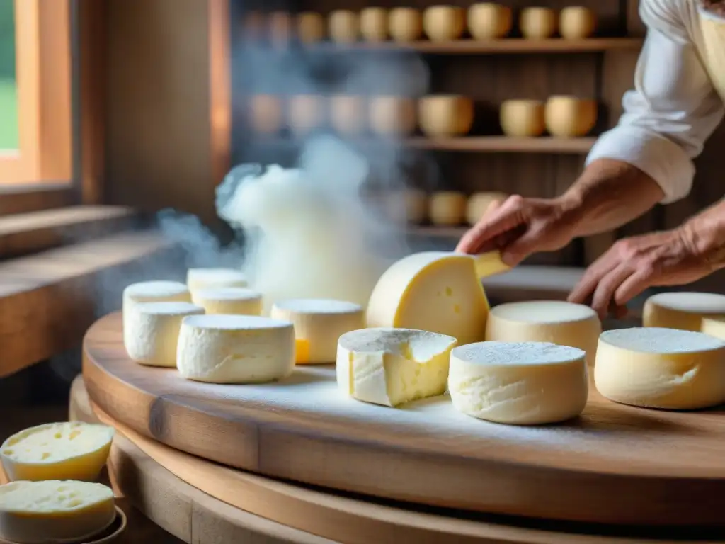 El maestro quesero italiano elabora ricotta, con vapor en el aire y estantes de queso al fondo